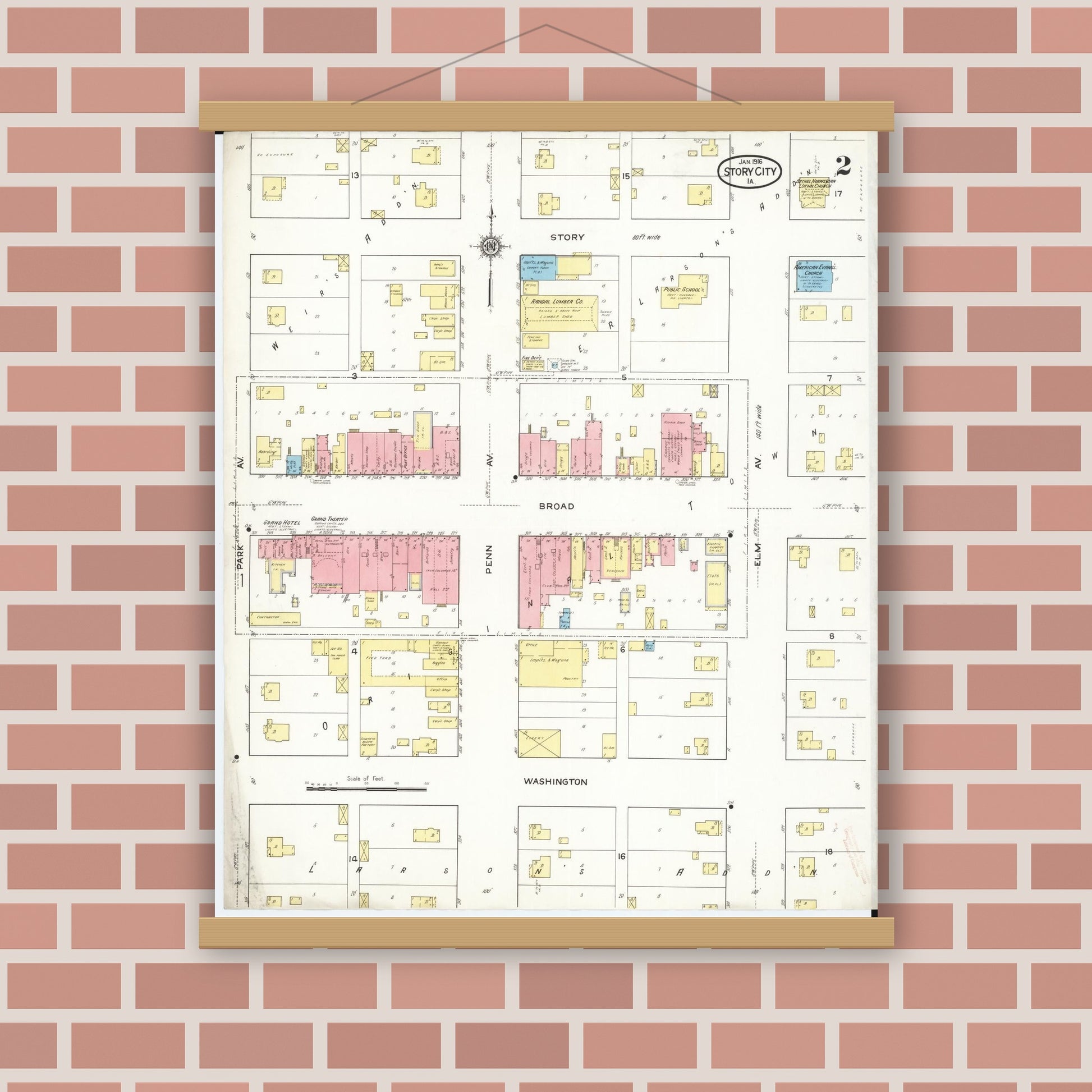 Old map wall art mockup — magnetic wood frame on brick wall — Sanborn Fire Insurance Map from Story City, Story County, Iowa (1916), Sheet #0002