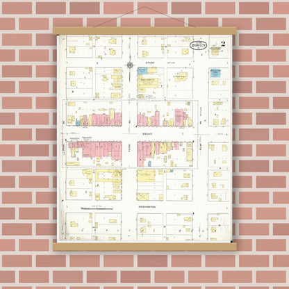 Old map wall art mockup — magnetic wood frame on brick wall — Sanborn Fire Insurance Map from Story City, Story County, Iowa (1916), Sheet #0002