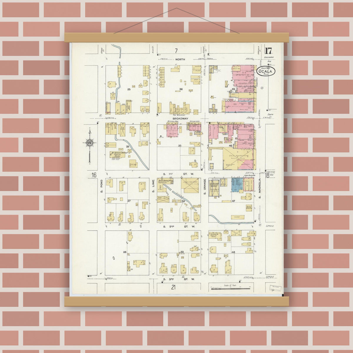 Old map wall art mockup — magnetic wood frame on brick wall — Sanborn Fire Insurance Map from Ocala, Marion County, Florida (1912), Sheet #0017