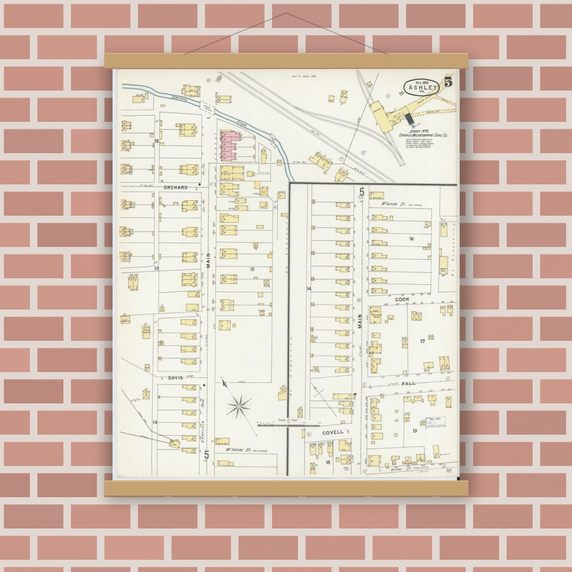 Old map wall art mockup — magnetic wood frame on brick wall — Sanborn Fire Insurance Map from Ashley, Luzerne County, Pennsylvania (1896), Sheet #0005