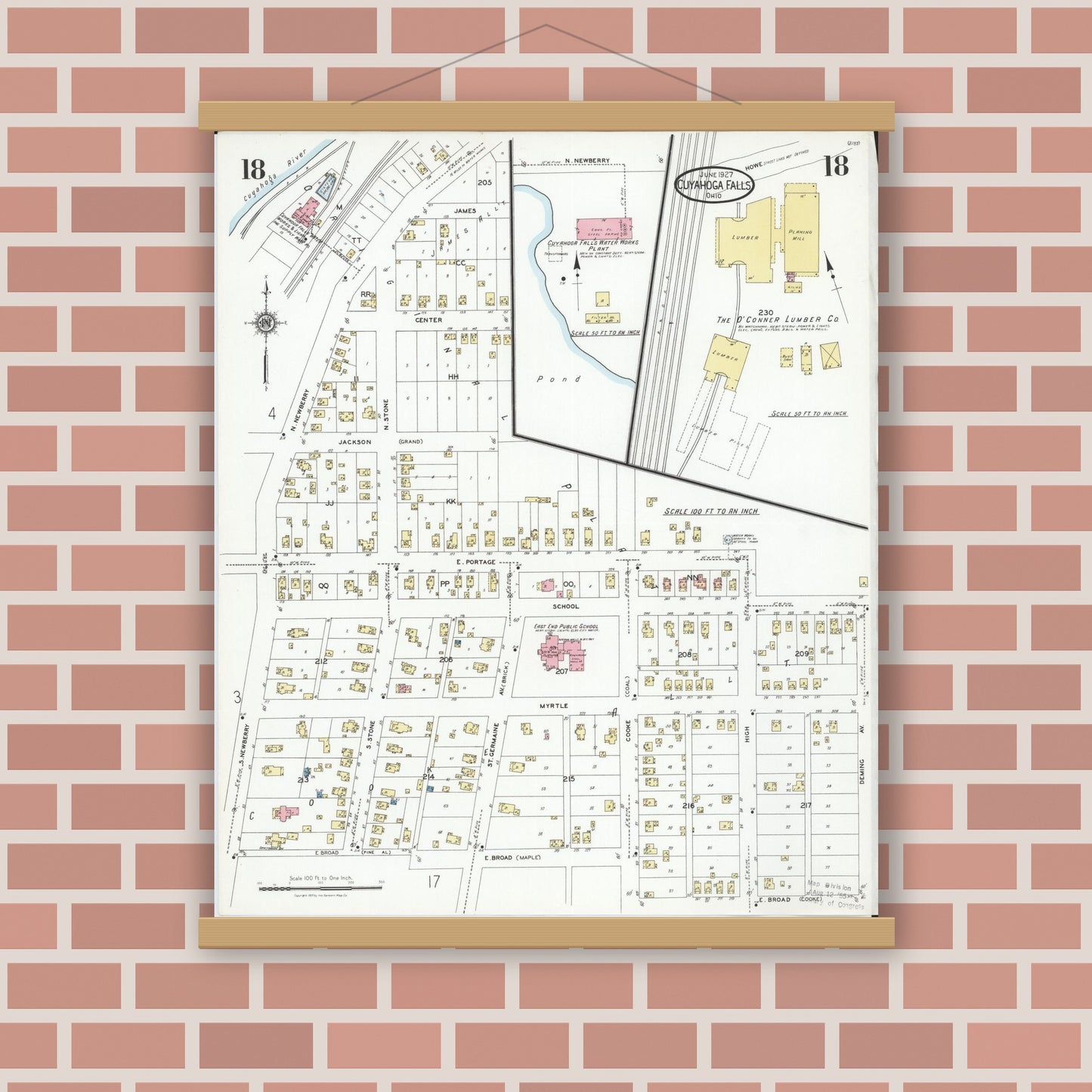 Old map wall art mockup — magnetic wood frame on brick wall — Sanborn Fire Insurance Map from Cuyahoga Falls, Summit County, Ohio (1927), Sheet #0018