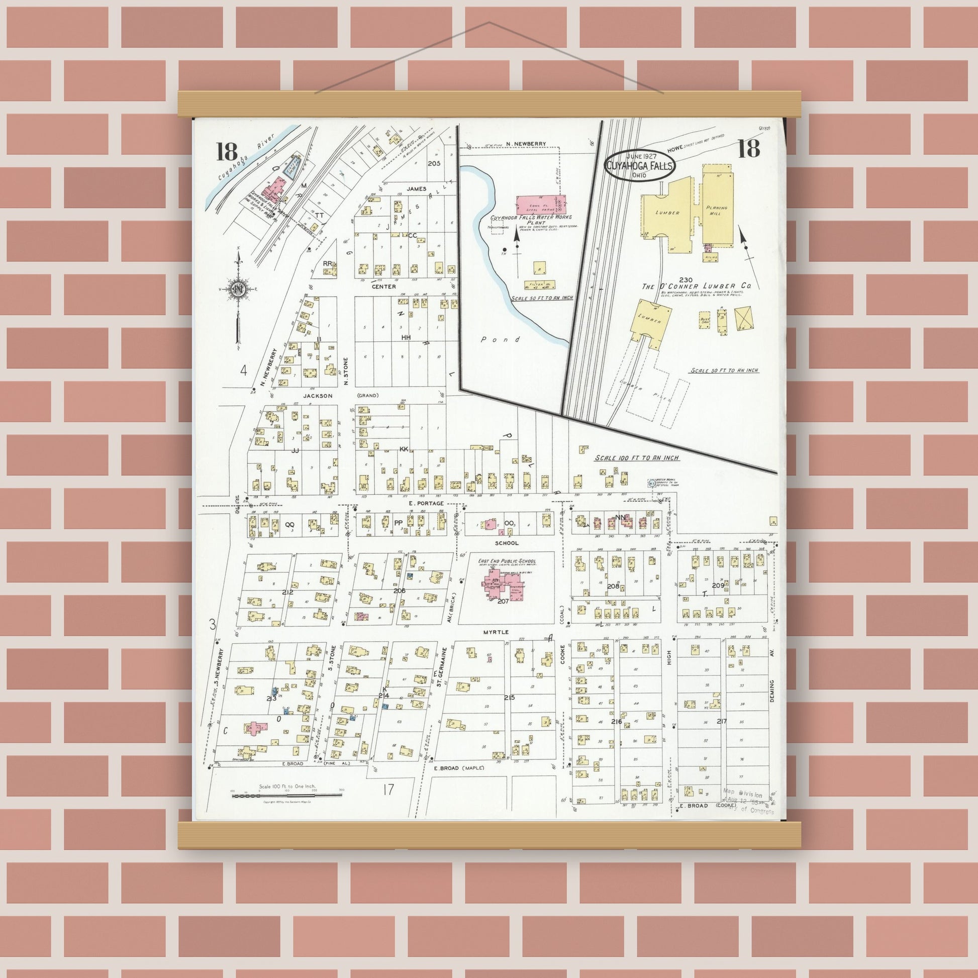 Old map wall art mockup — magnetic wood frame on brick wall — Sanborn Fire Insurance Map from Cuyahoga Falls, Summit County, Ohio (1927), Sheet #0018