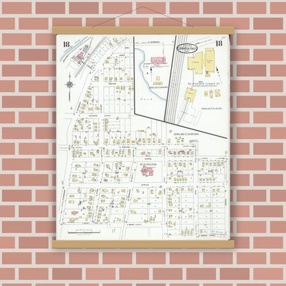 Old map wall art mockup — magnetic wood frame on brick wall — Sanborn Fire Insurance Map from Cuyahoga Falls, Summit County, Ohio (1927), Sheet #0018