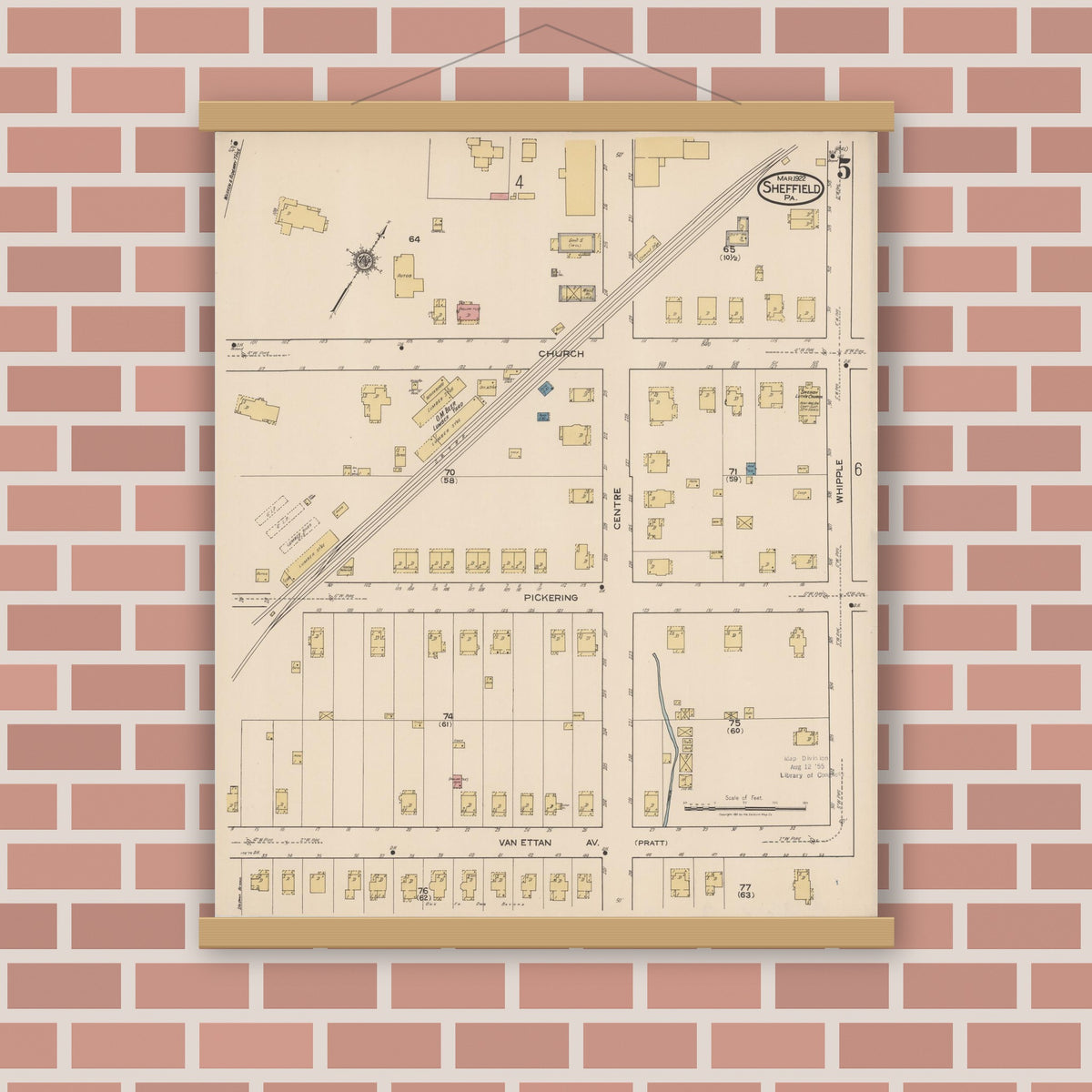 Old map wall art mockup — magnetic wood frame on brick wall — Sanborn Fire Insurance Map from Sheffield, Warren County, Pennsylvania (1922), Sheet #0005