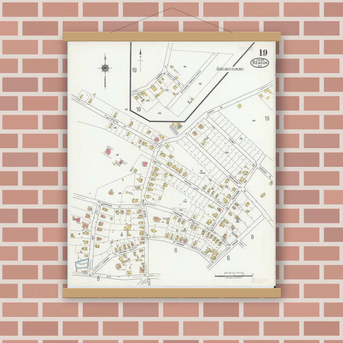 Old map wall art mockup — magnetic wood frame on brick wall — Sanborn Fire Insurance Map from Beacon, Dutchess County, New York (1919), Sheet #0019