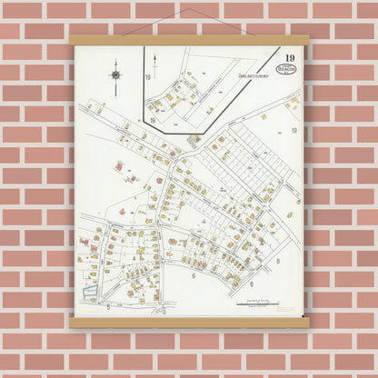 Old map wall art mockup — magnetic wood frame on brick wall — Sanborn Fire Insurance Map from Beacon, Dutchess County, New York (1919), Sheet #0019