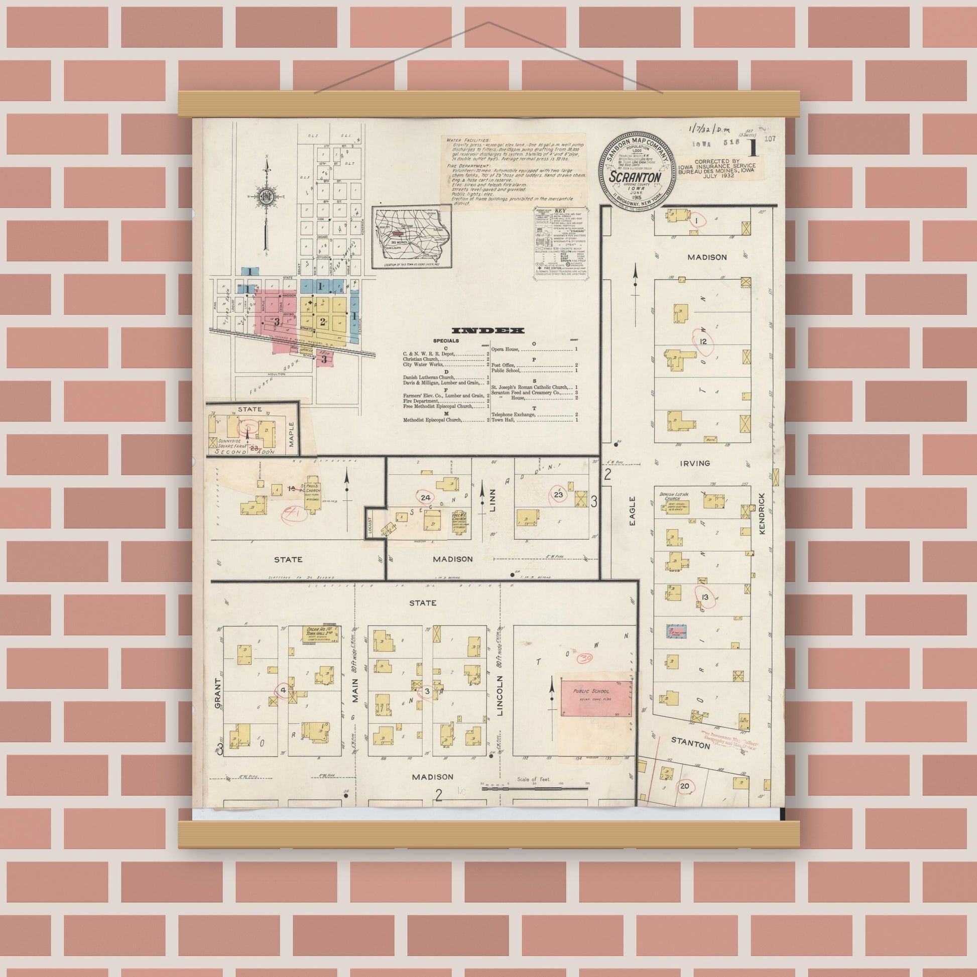 Old map wall art mockup — magnetic wood frame on brick wall — Sanborn Fire Insurance Map from Scranton, Greene County, Iowa (1932), Sheet #0001