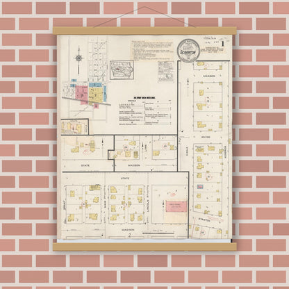 Old map wall art mockup — magnetic wood frame on brick wall — Sanborn Fire Insurance Map from Scranton, Greene County, Iowa (1932), Sheet #0001