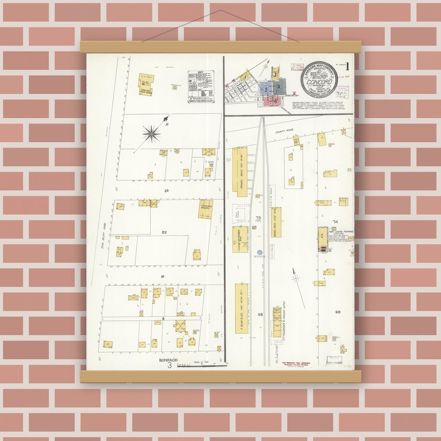 Old map wall art mockup — magnetic wood frame on brick wall — Sanborn Fire Insurance Map from Concord, Contra Costa County, California (1908) - Complete Map Set