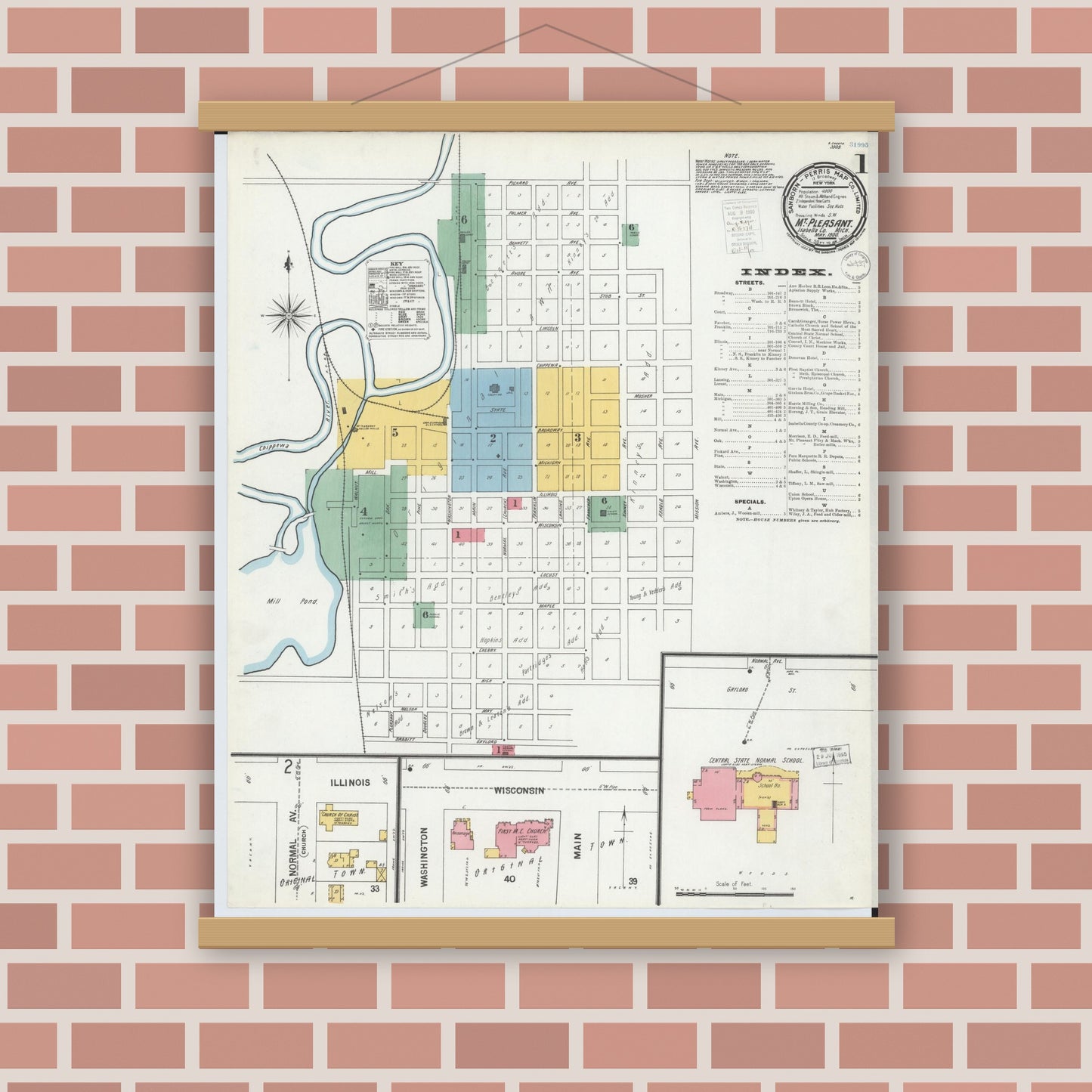 Old map wall art mockup — magnetic wood frame on brick wall — Sanborn Fire Insurance Map from Mount Pleasant, Isabella County, Michigan (1900) - Complete Map Set