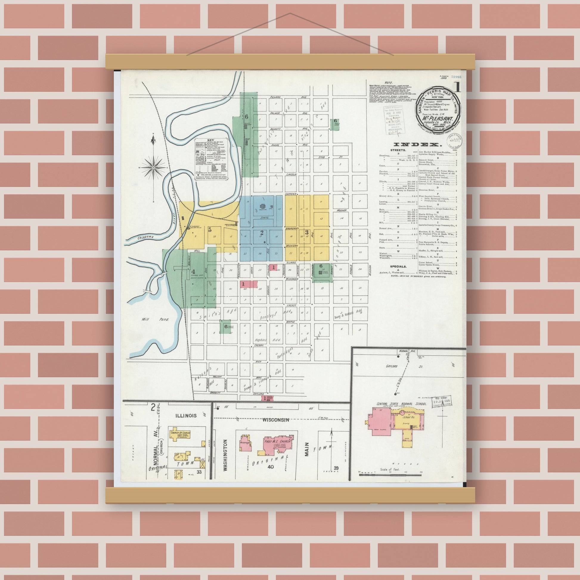Old map wall art mockup — magnetic wood frame on brick wall — Sanborn Fire Insurance Map from Mount Pleasant, Isabella County, Michigan (1900) - Complete Map Set
