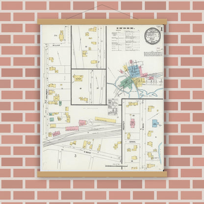 Old map wall art mockup — magnetic wood frame on brick wall — Sanborn Fire Insurance Map from Ayer, Middlesex County, Massachusetts (1897), Sheet #0001