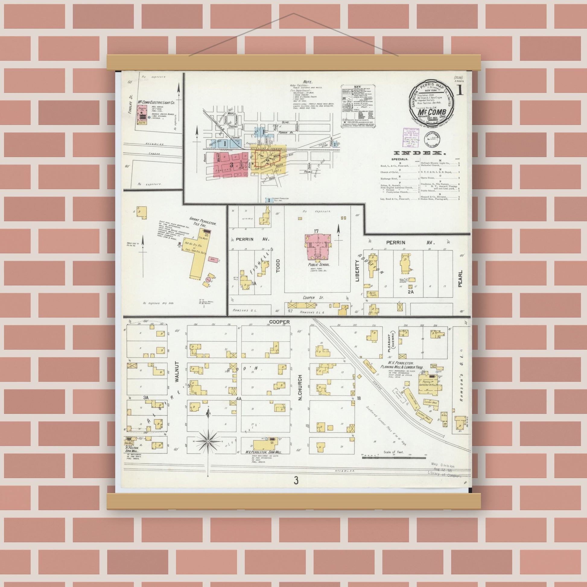 Old map wall art mockup — magnetic wood frame on brick wall — Sanborn Fire Insurance Map from McComb, Hancock County, Ohio (1901) - Complete Map Set