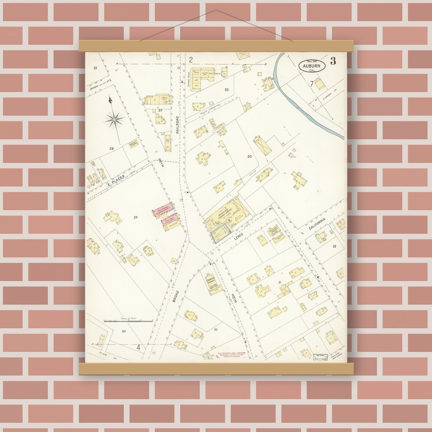 Old map wall art mockup — magnetic wood frame on brick wall — Sanborn Fire Insurance Map from Auburn, Placer County, California (1899), Sheet #0003