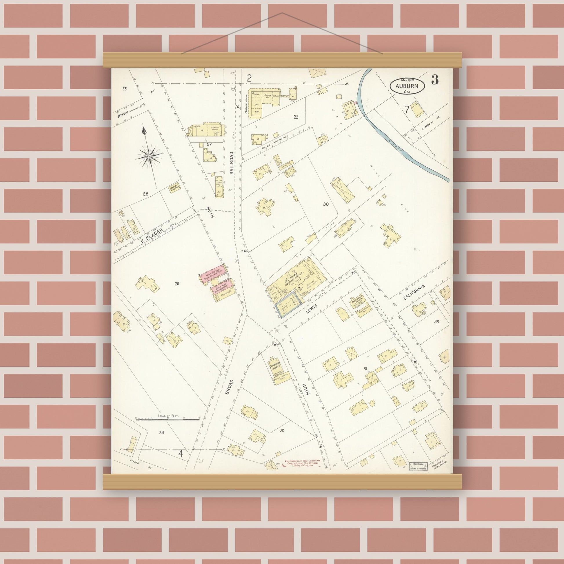 Old map wall art mockup — magnetic wood frame on brick wall — Sanborn Fire Insurance Map from Auburn, Placer County, California (1899), Sheet #0003