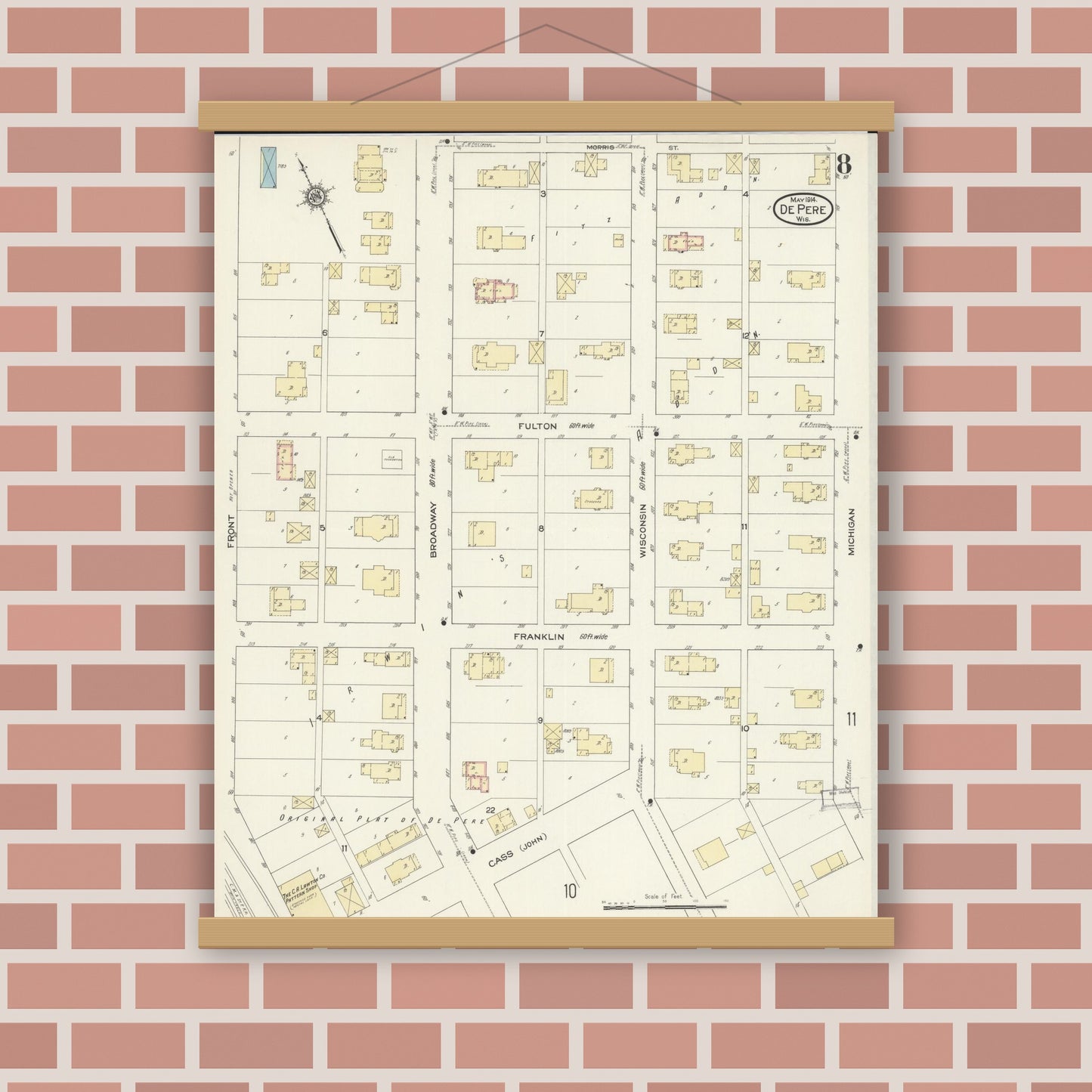 Old map wall art mockup — magnetic wood frame on brick wall — Sanborn Fire Insurance Map from De Pere, Brown County, Wisconsin (1914), Sheet #0008