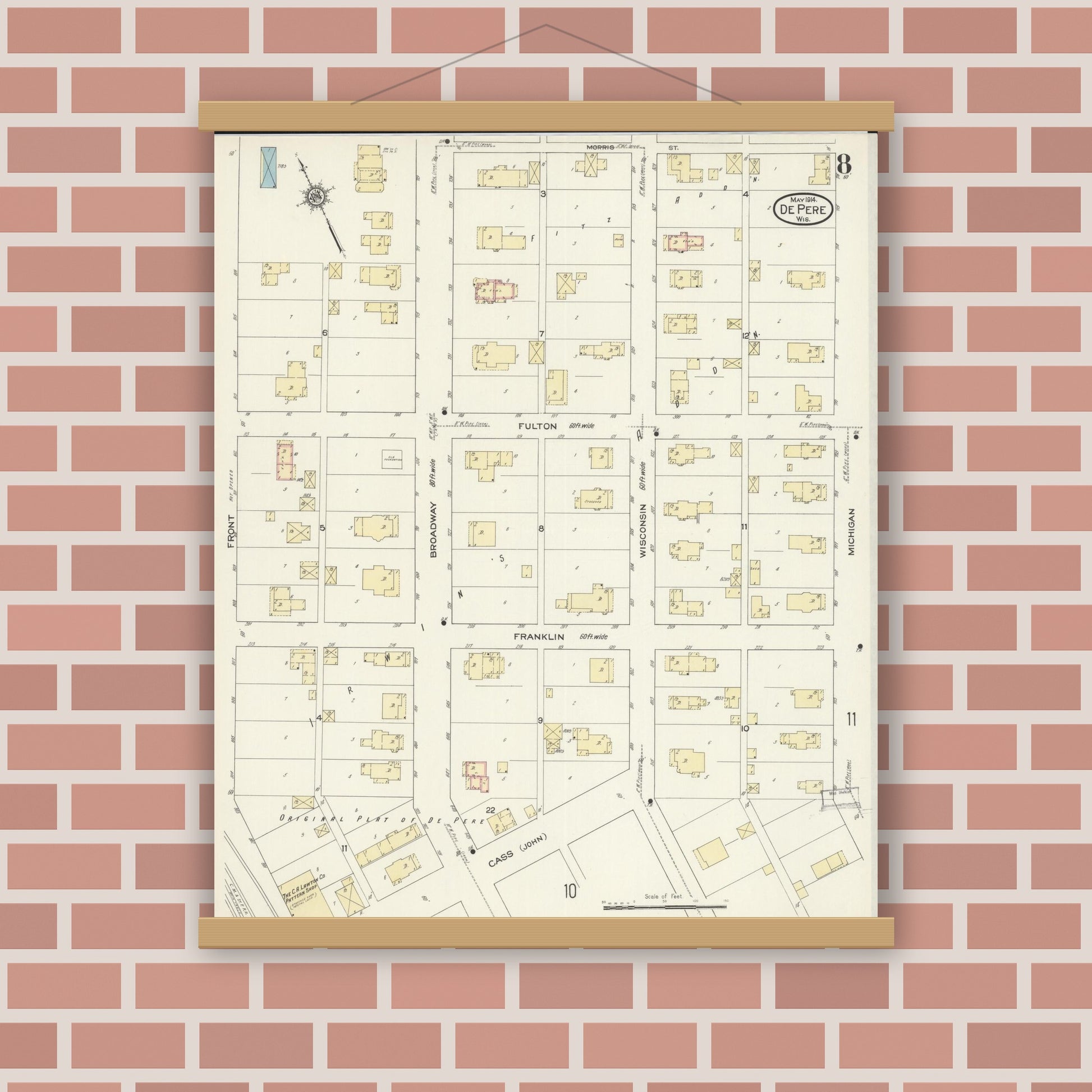 Old map wall art mockup — magnetic wood frame on brick wall — Sanborn Fire Insurance Map from De Pere, Brown County, Wisconsin (1914), Sheet #0008