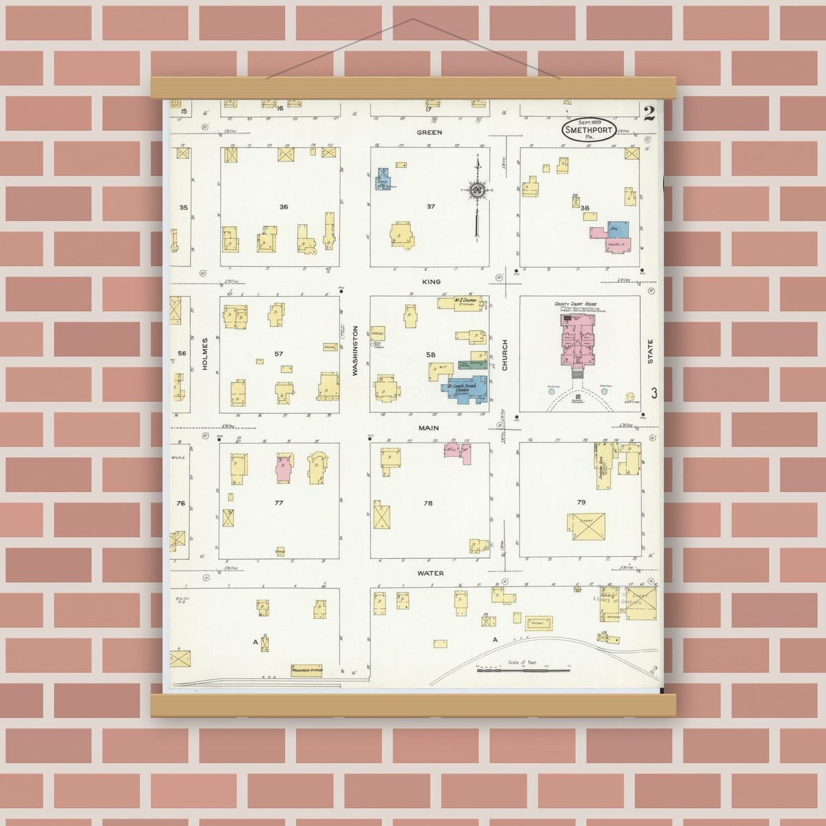Old map wall art mockup — magnetic wood frame on brick wall — Sanborn Fire Insurance Map from Smethport, McKean County, Pennsylvania (1909), Sheet #0002