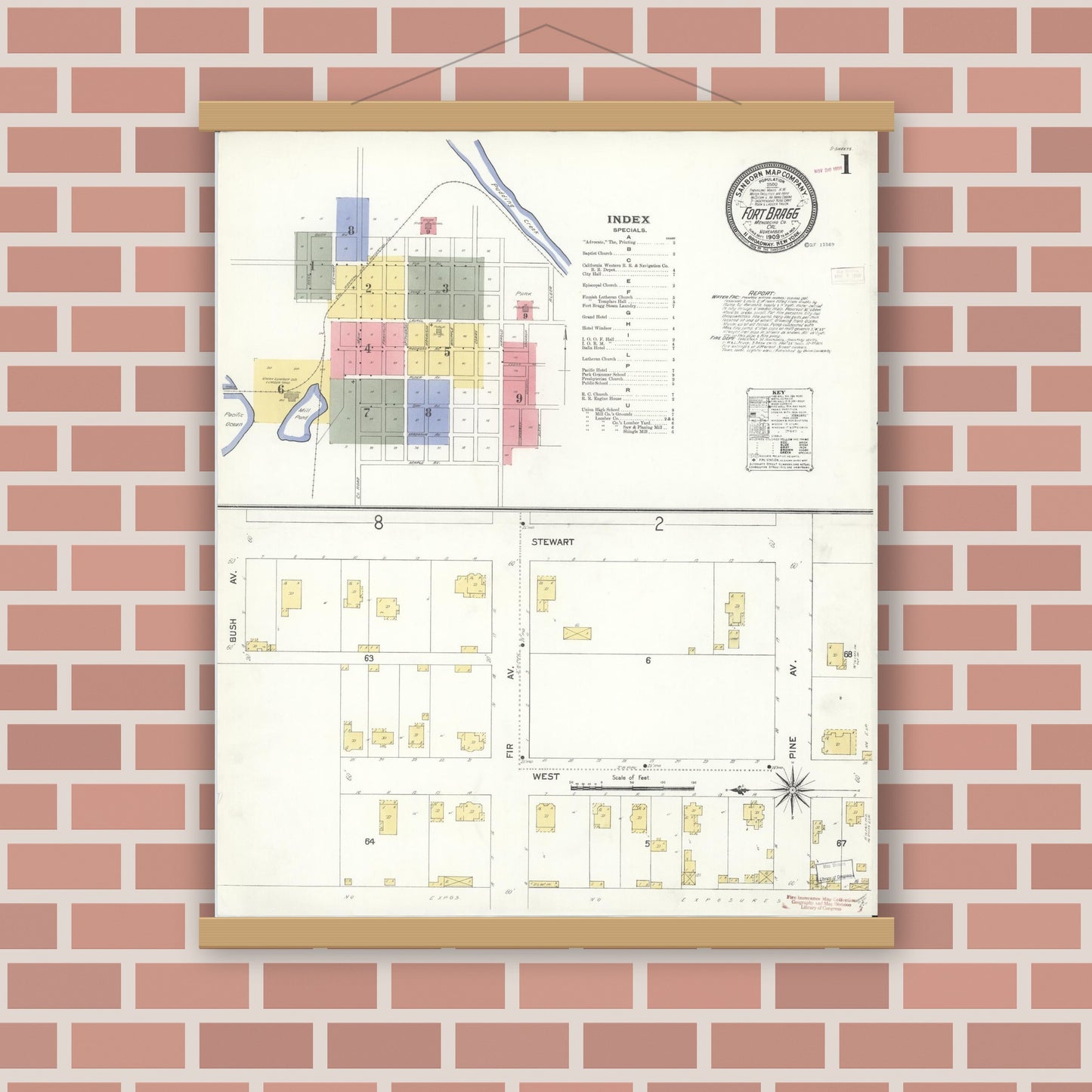 Old map wall art mockup — magnetic wood frame on brick wall — Sanborn Fire Insurance Map from Fort Bragg, Mendocino County, California (1909), Sheet #0001