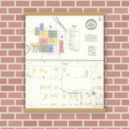 Old map wall art mockup — magnetic wood frame on brick wall — Sanborn Fire Insurance Map from Fort Bragg, Mendocino County, California (1909), Sheet #0001