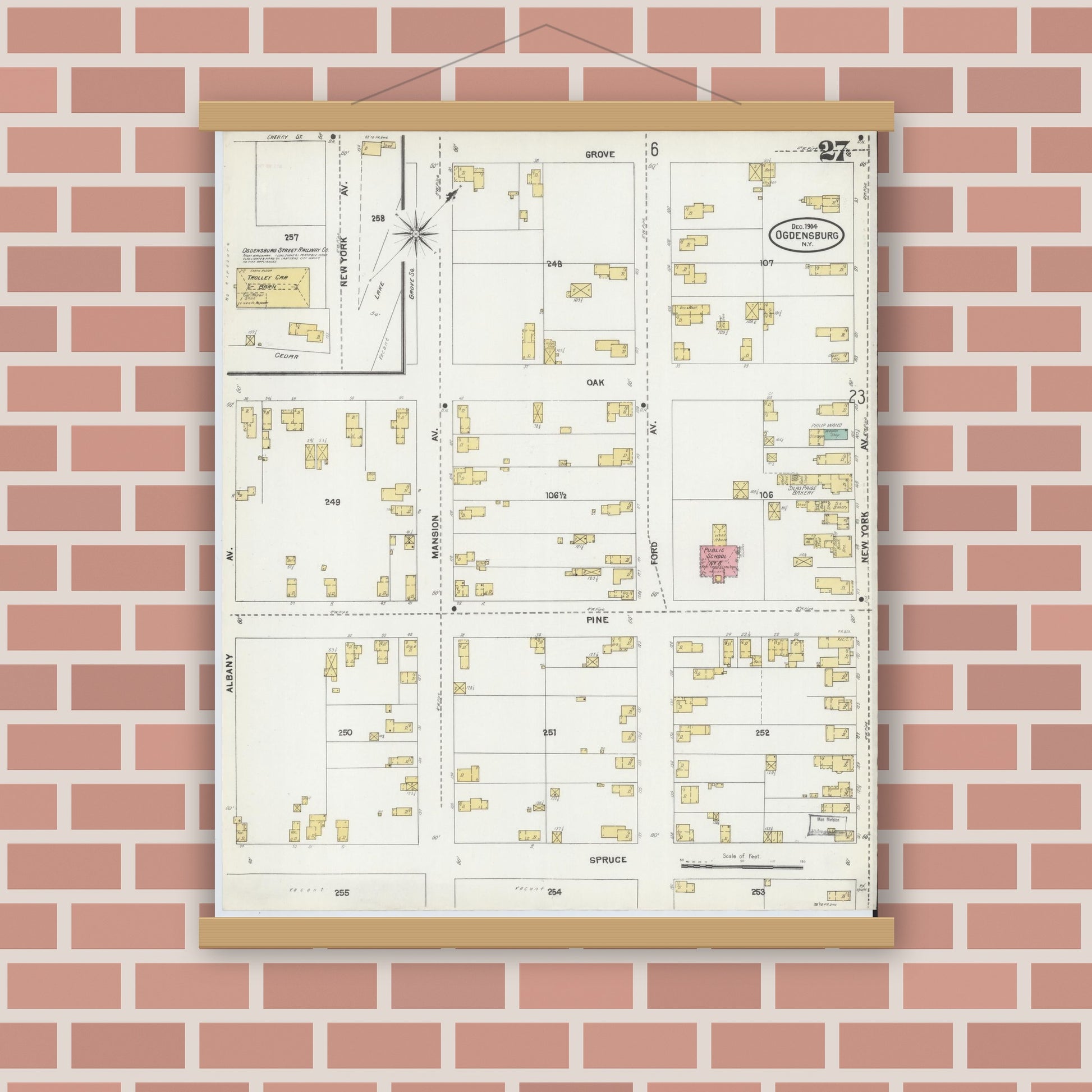 Old map wall art mockup — magnetic wood frame on brick wall — Sanborn Fire Insurance Map from Ogdensburg, St. Lawrence County, New York (1904), Sheet #0027