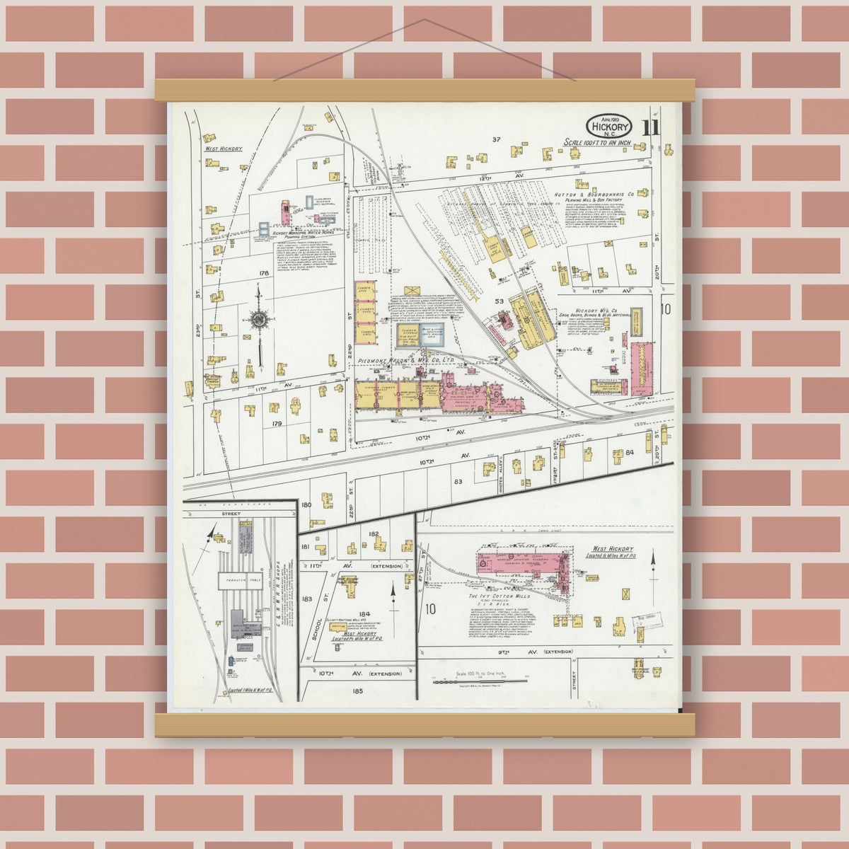 Old map wall art mockup — magnetic wood frame on brick wall — Sanborn Fire Insurance Map from Hickory, Catawba County, North Carolina (1919), Sheet #0011