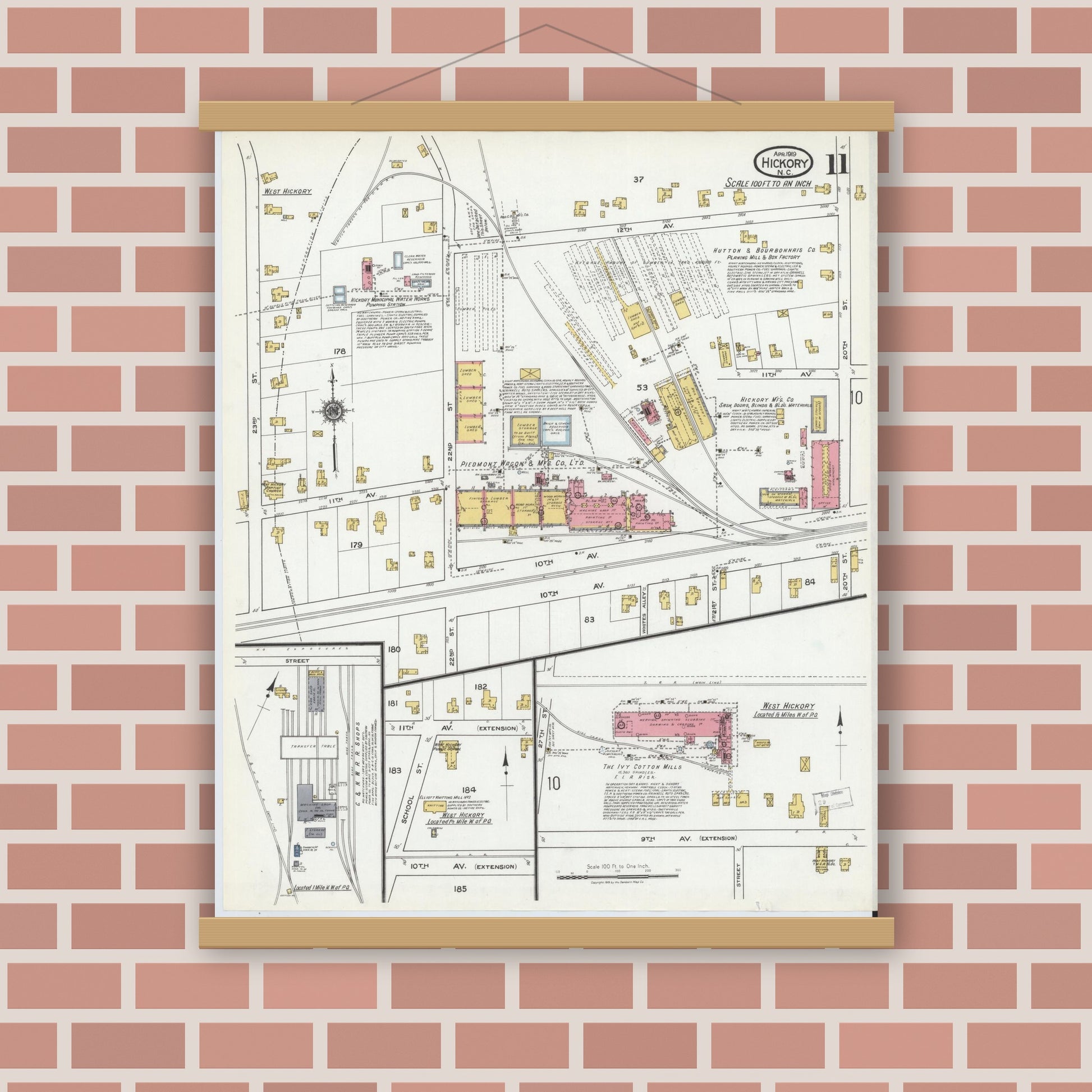 Old map wall art mockup — magnetic wood frame on brick wall — Sanborn Fire Insurance Map from Hickory, Catawba County, North Carolina (1919), Sheet #0011