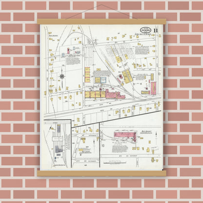 Old map wall art mockup — magnetic wood frame on brick wall — Sanborn Fire Insurance Map from Hickory, Catawba County, North Carolina (1919), Sheet #0011