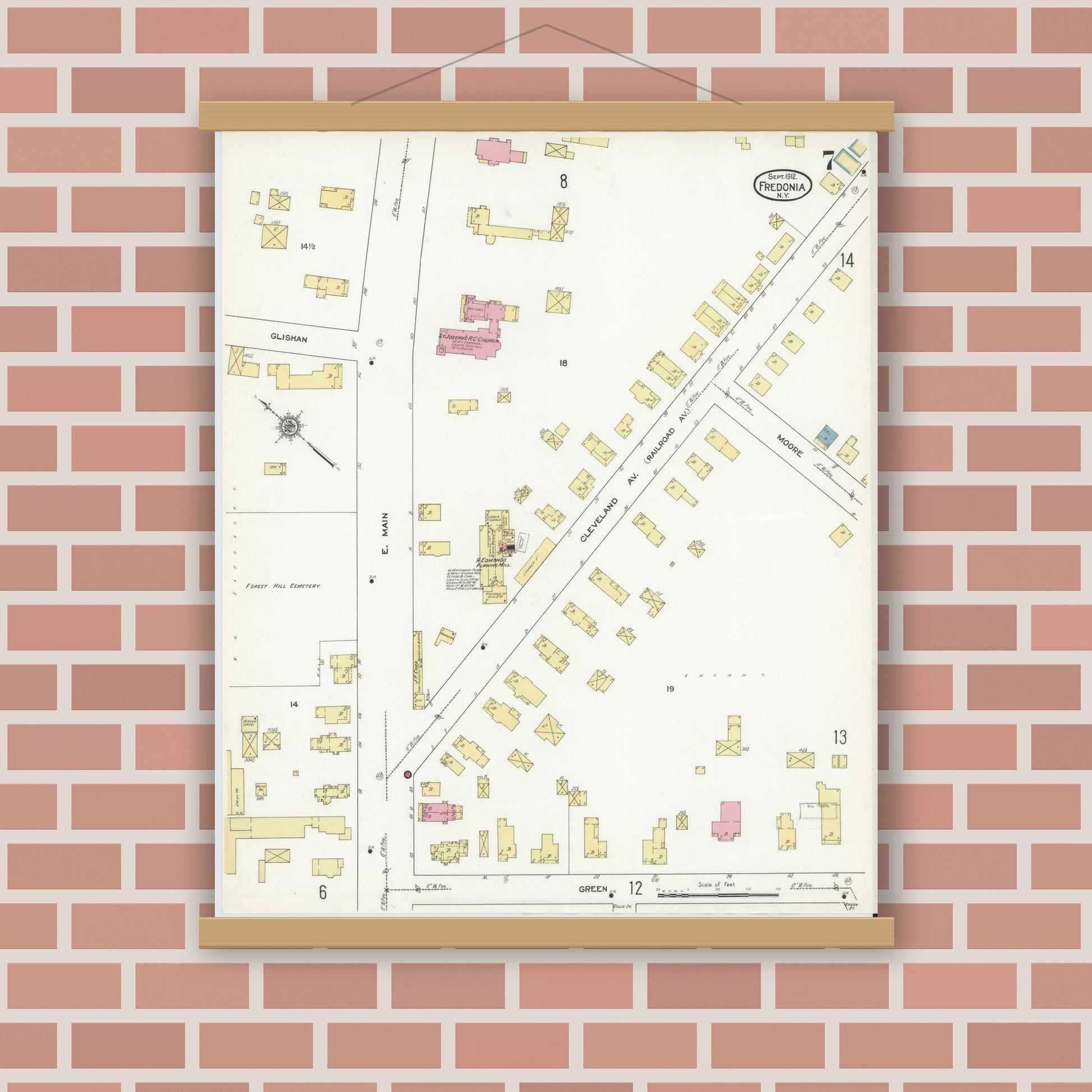 Old map wall art mockup — magnetic wood frame on brick wall — Sanborn Fire Insurance Map from Fredonia, Chautauqua County, New York (1912), Sheet #0007