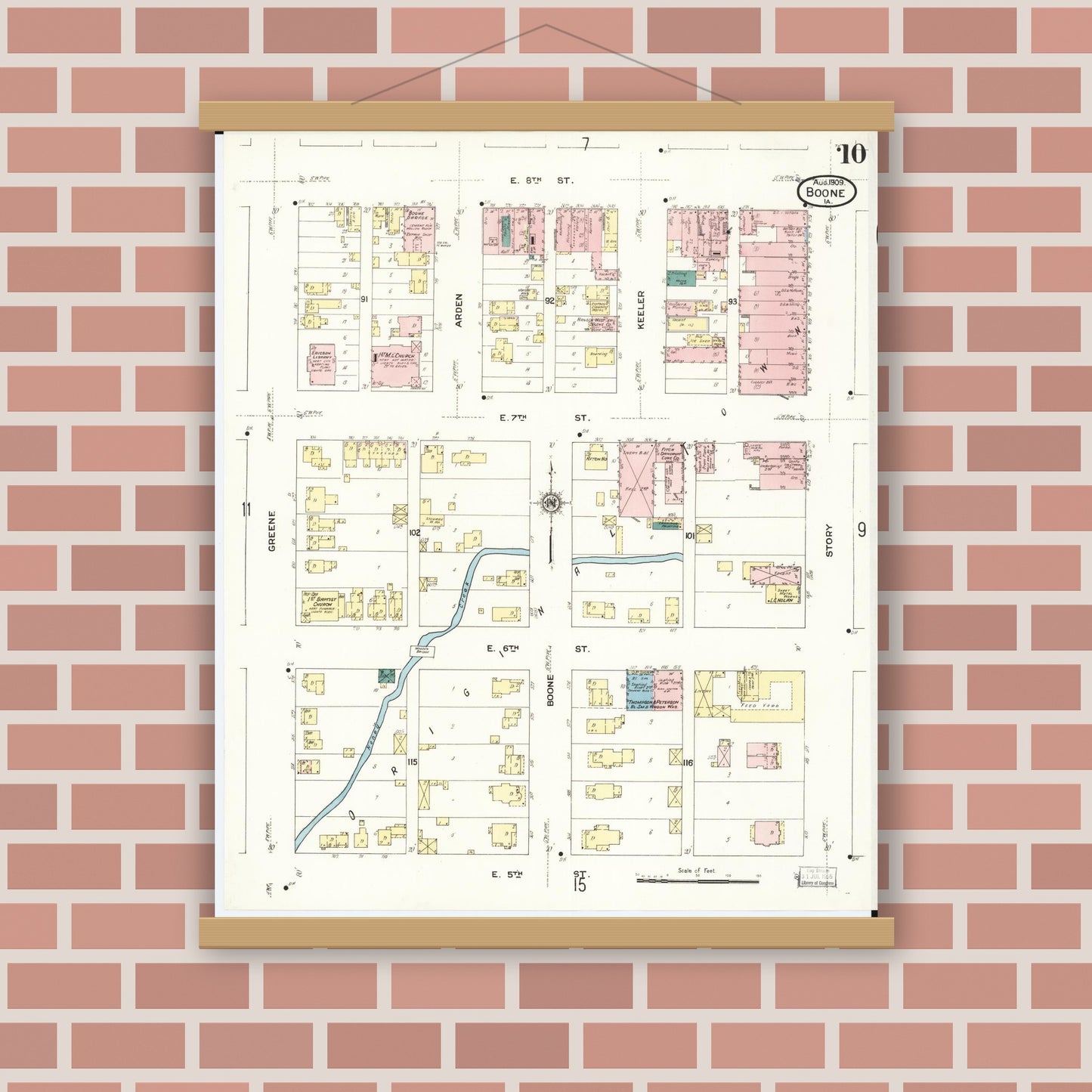 Old map wall art mockup — magnetic wood frame on brick wall — Sanborn Fire Insurance Map from Boone, Boone County, Iowa (1909), Sheet #0010