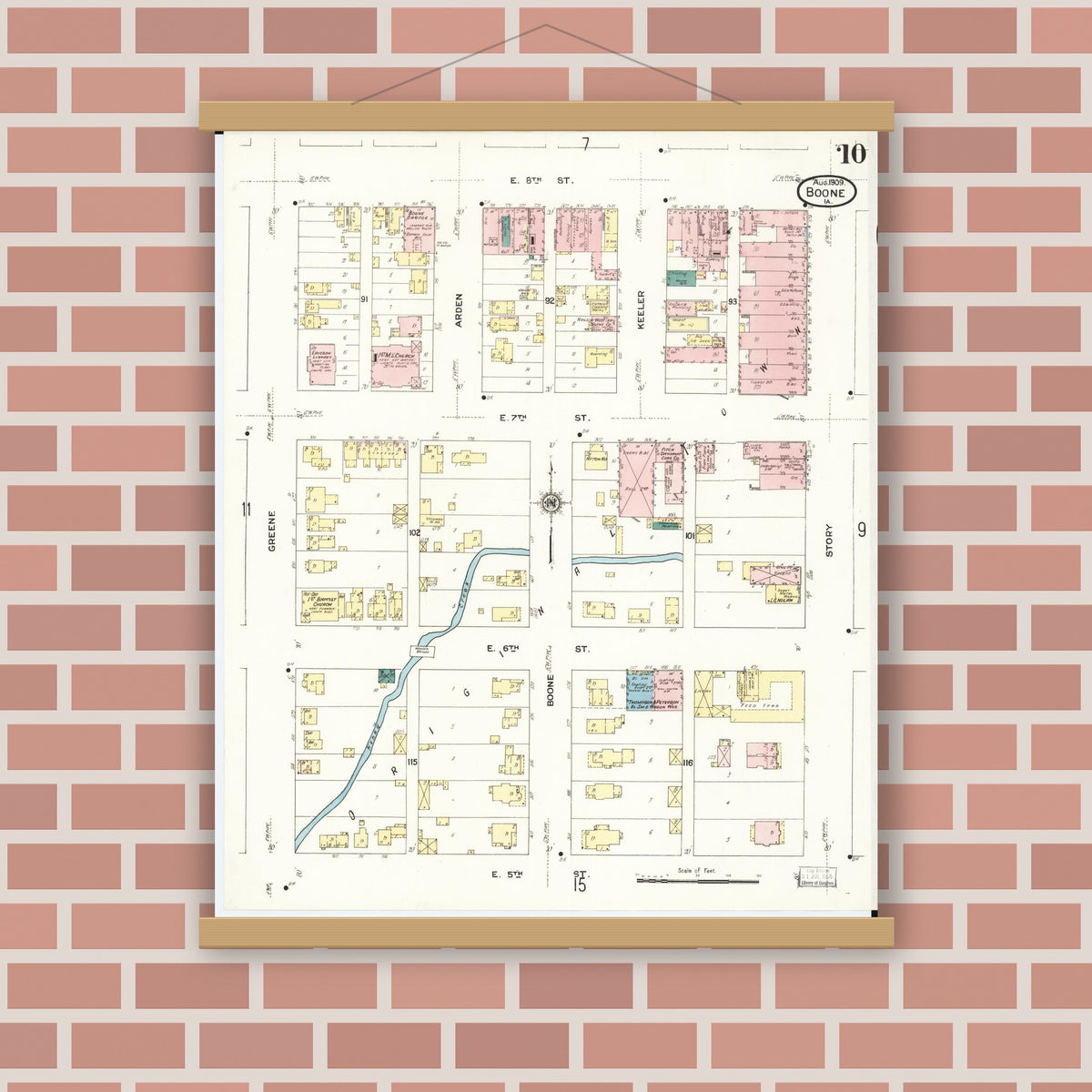 Old map wall art mockup — magnetic wood frame on brick wall — Sanborn Fire Insurance Map from Boone, Boone County, Iowa (1909), Sheet #0010