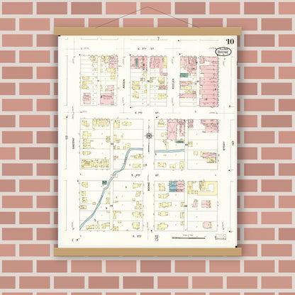 Old map wall art mockup — magnetic wood frame on brick wall — Sanborn Fire Insurance Map from Boone, Boone County, Iowa (1909), Sheet #0010