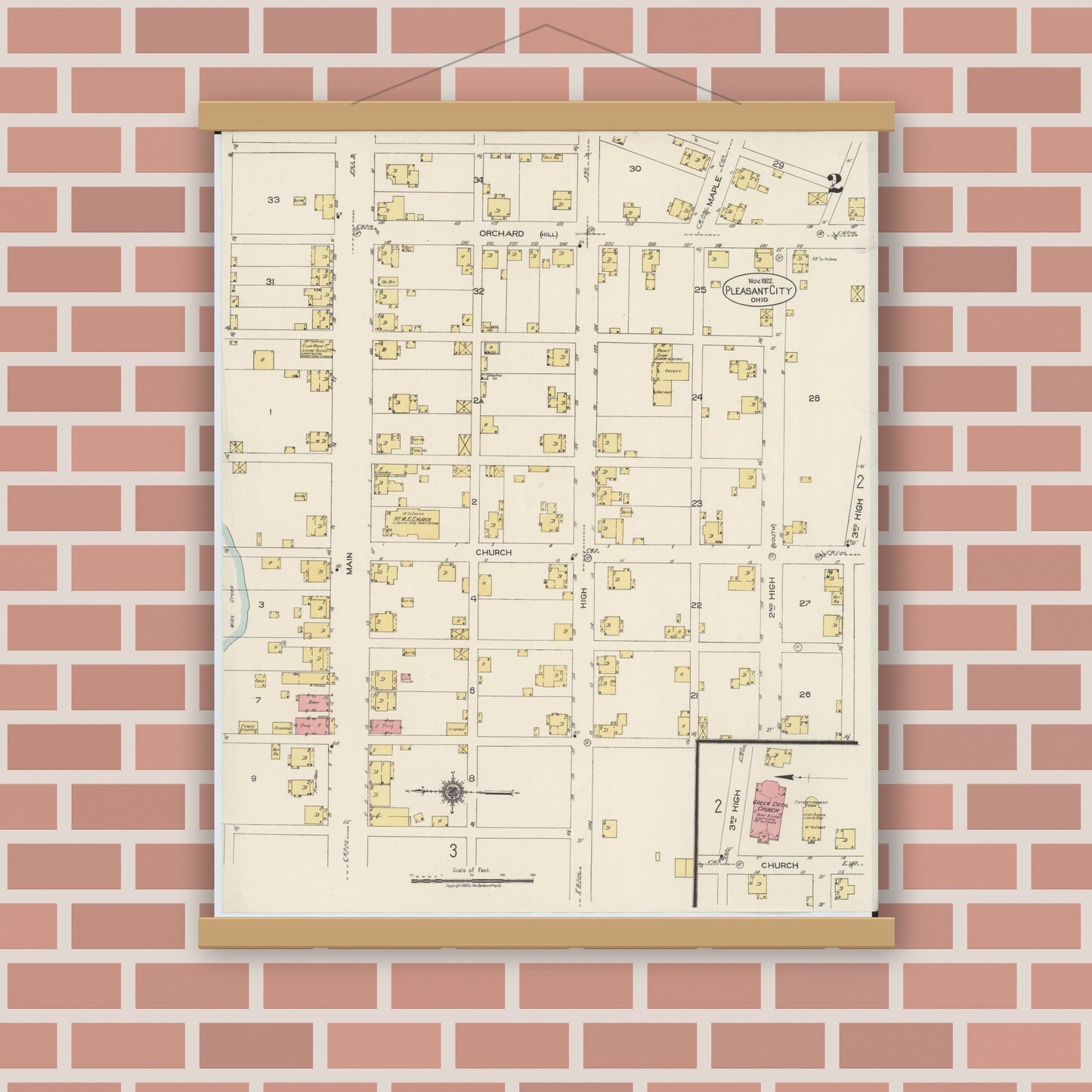 Old map wall art mockup — magnetic wood frame on brick wall — Sanborn Fire Insurance Map from Pleasant City, Guernsey County, Ohio (1922), Sheet #0002