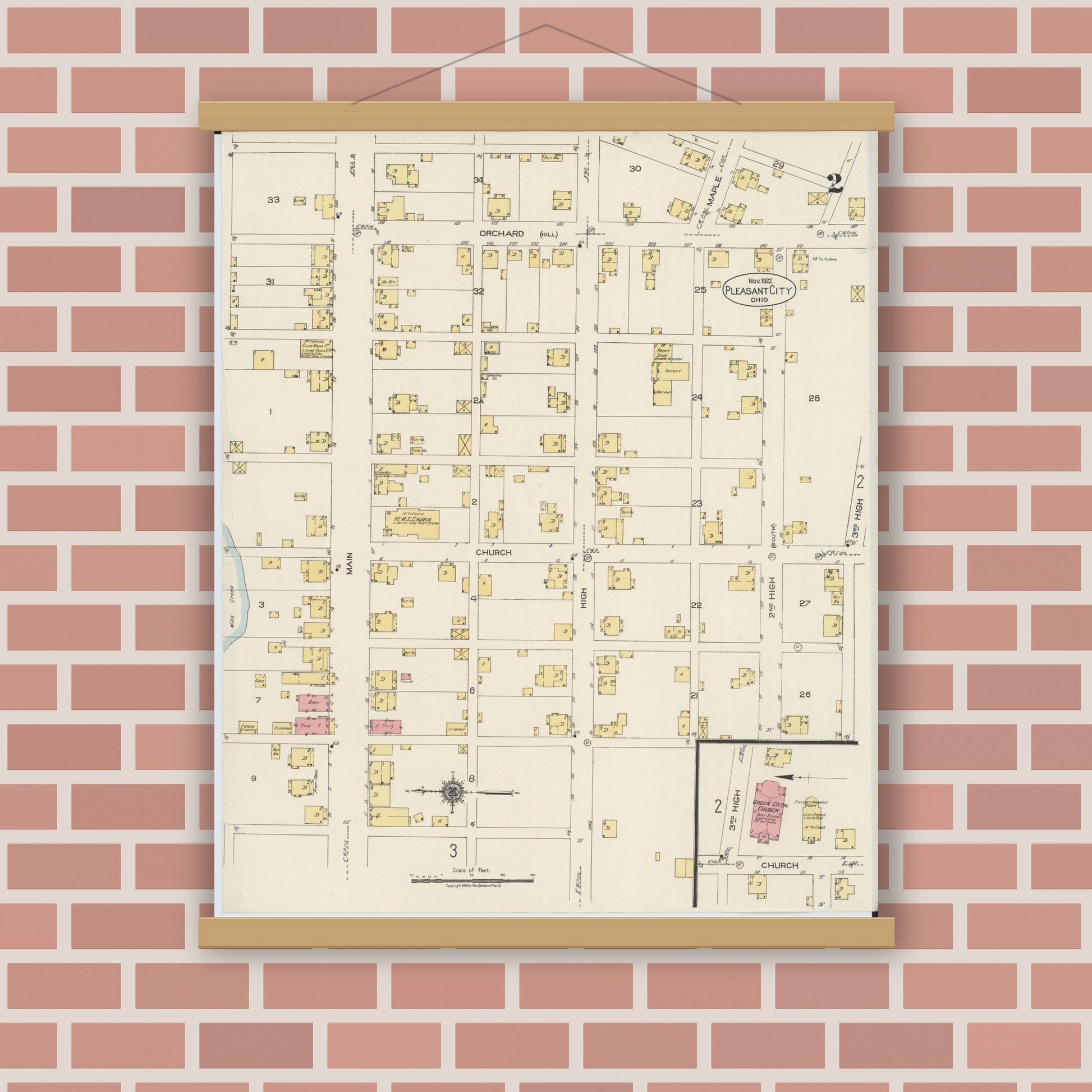 Old map wall art mockup — magnetic wood frame on brick wall — Sanborn Fire Insurance Map from Pleasant City, Guernsey County, Ohio (1922), Sheet #0002