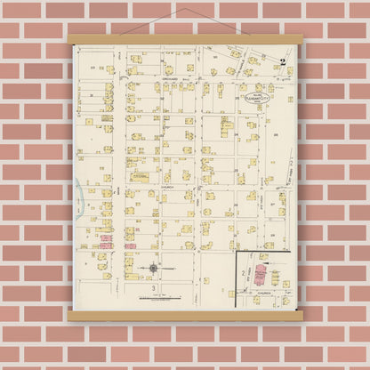 Old map wall art mockup — magnetic wood frame on brick wall — Sanborn Fire Insurance Map from Pleasant City, Guernsey County, Ohio (1922), Sheet #0002