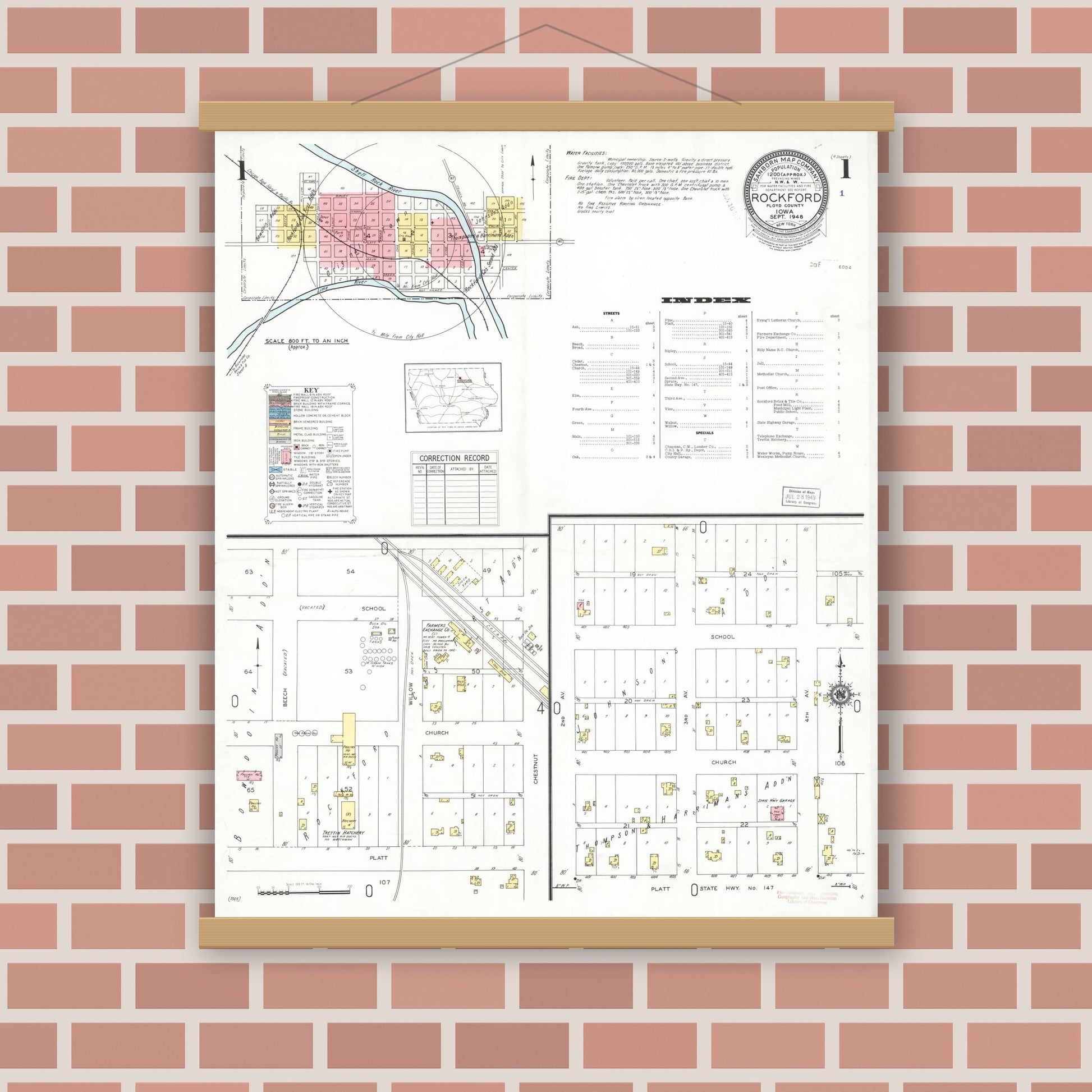 Old map wall art mockup — magnetic wood frame on brick wall — Sanborn Fire Insurance Map from Rockford, Floyd County, Iowa (1948) â€” Complete Set