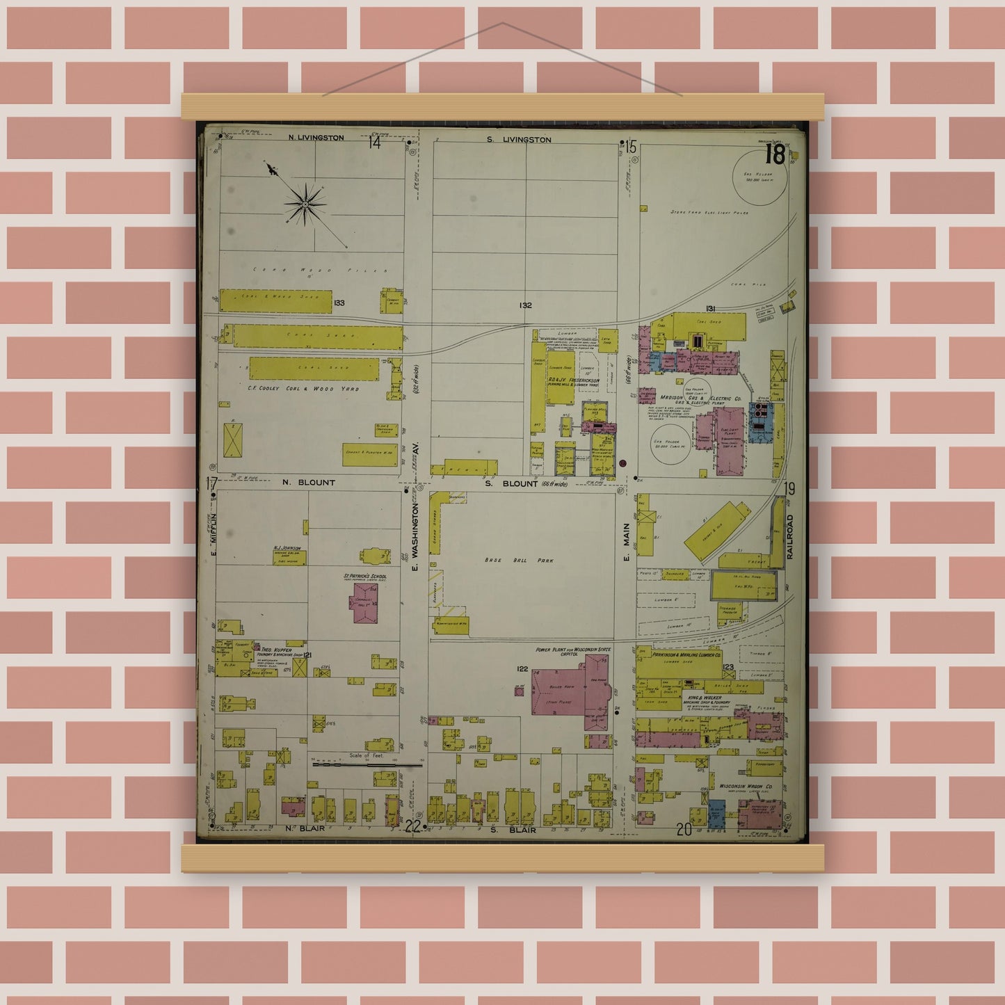 Old map wall art mockup — magnetic wood frame on brick wall — Sanborn Fire Insurance Map from Madison, Dane County, Wisconsin (1908), Sheet #0018