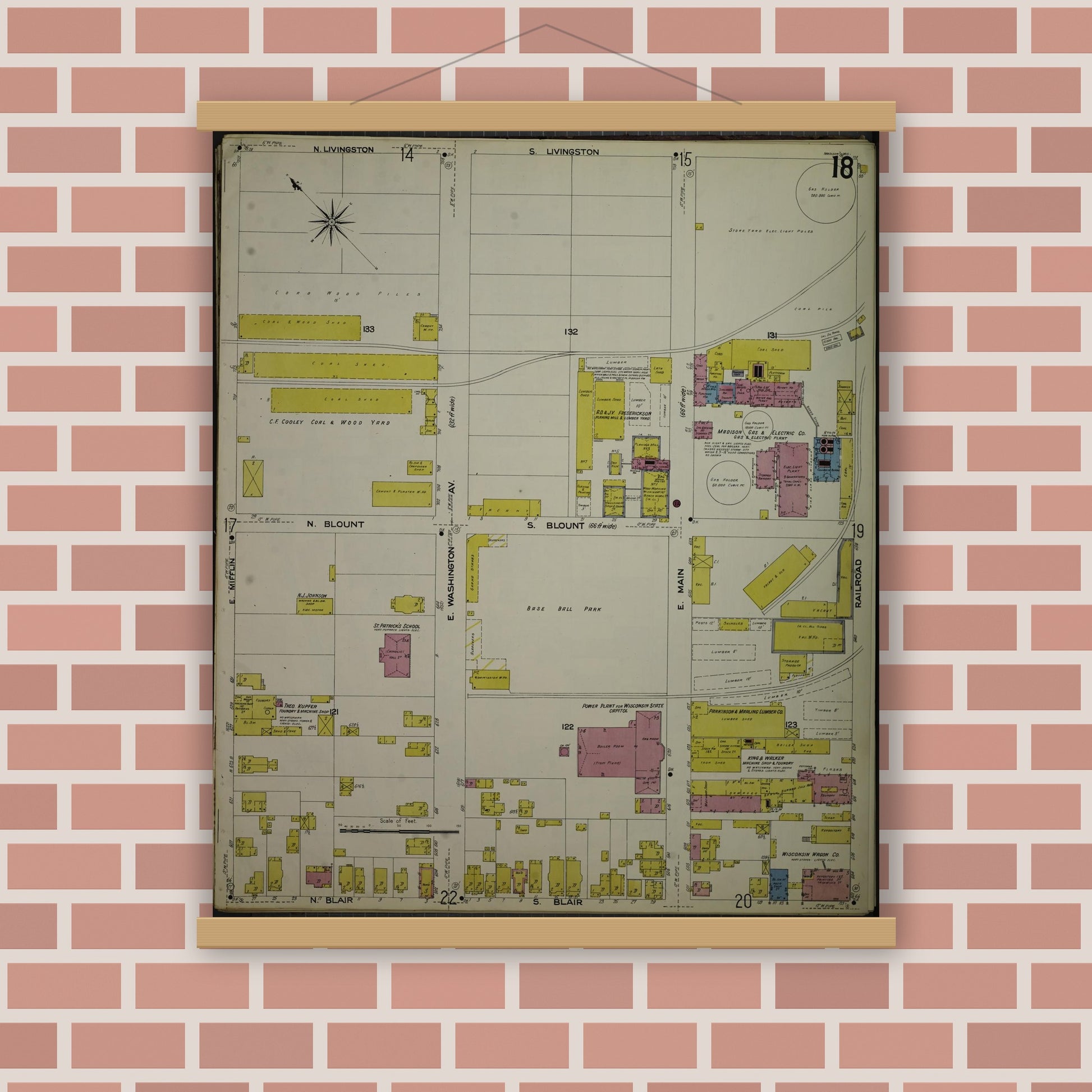 Old map wall art mockup — magnetic wood frame on brick wall — Sanborn Fire Insurance Map from Madison, Dane County, Wisconsin (1908), Sheet #0018