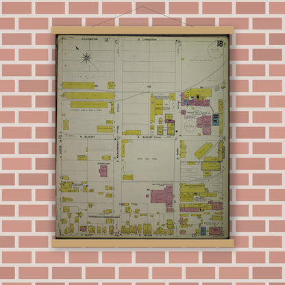 Old map wall art mockup — magnetic wood frame on brick wall — Sanborn Fire Insurance Map from Madison, Dane County, Wisconsin (1908), Sheet #0018