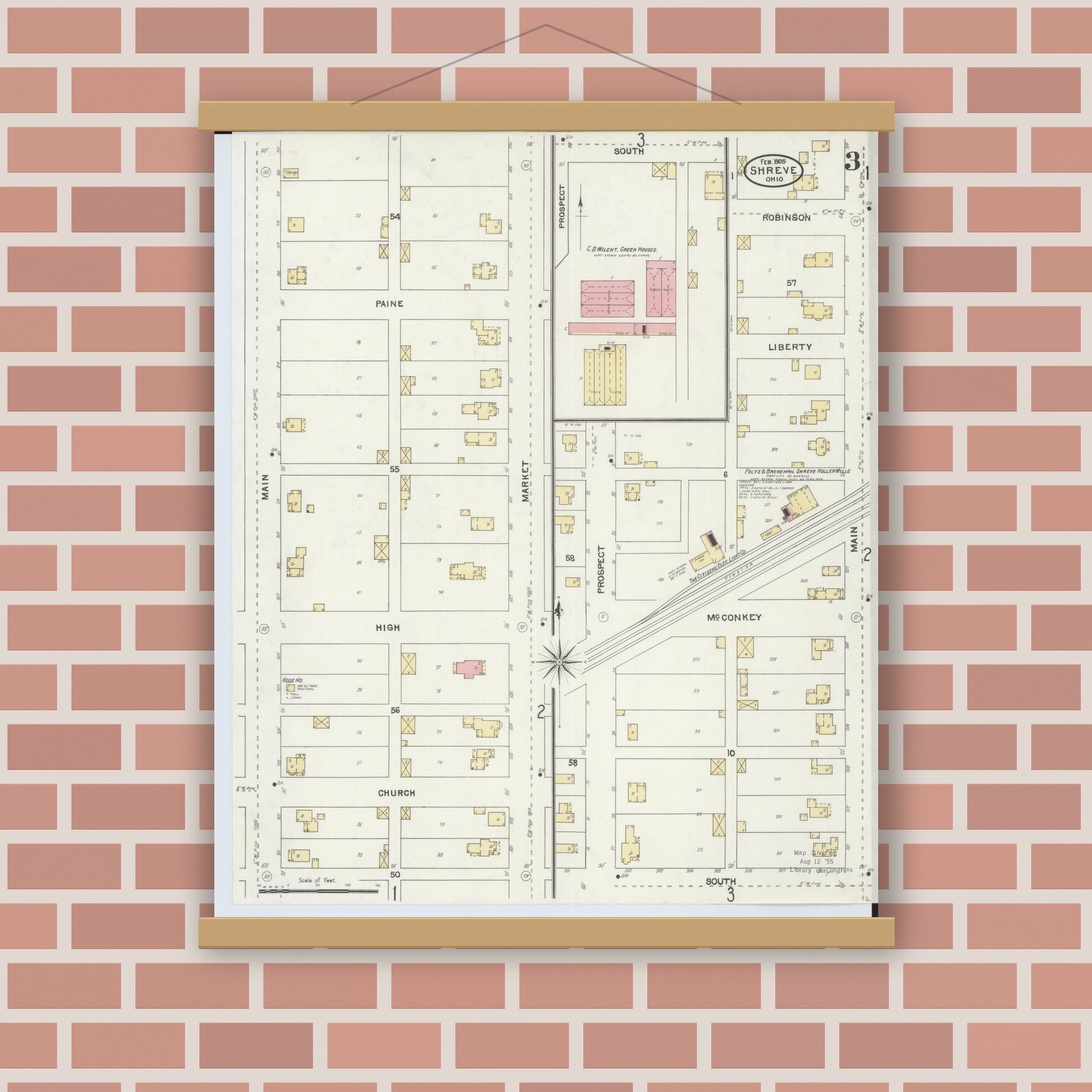 Old map wall art mockup — magnetic wood frame on brick wall — Sanborn Fire Insurance Map from Shreve, Wayne County, Ohio (1905), Sheet #0003