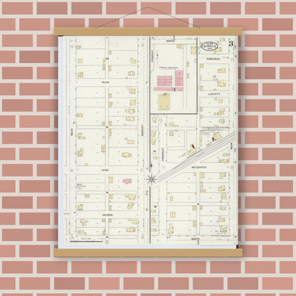 Old map wall art mockup — magnetic wood frame on brick wall — Sanborn Fire Insurance Map from Shreve, Wayne County, Ohio (1905), Sheet #0003