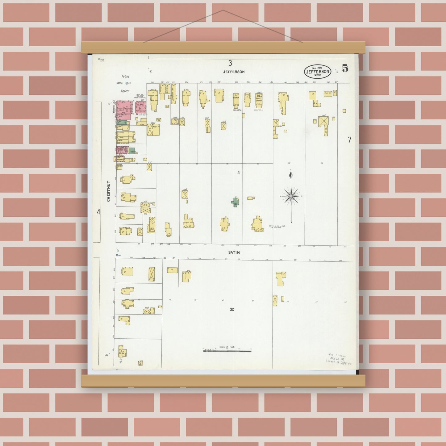 Old map wall art mockup — magnetic wood frame on brick wall — Sanborn Fire Insurance Map from Jefferson, Ashtabula County, Ohio (1902), Sheet #0005