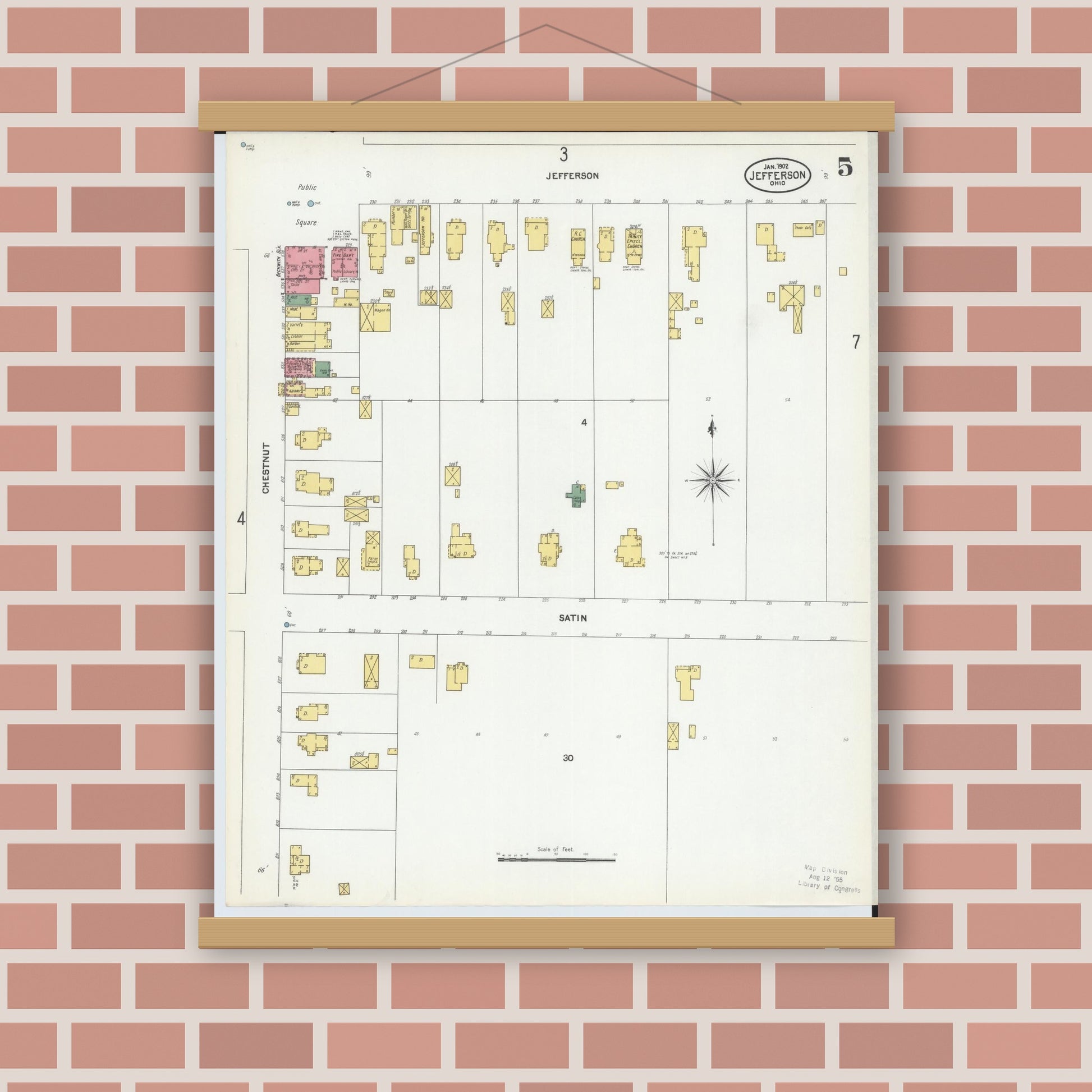 Old map wall art mockup — magnetic wood frame on brick wall — Sanborn Fire Insurance Map from Jefferson, Ashtabula County, Ohio (1902), Sheet #0005