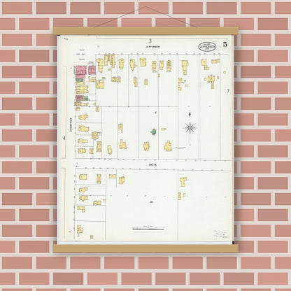 Old map wall art mockup — magnetic wood frame on brick wall — Sanborn Fire Insurance Map from Jefferson, Ashtabula County, Ohio (1902), Sheet #0005