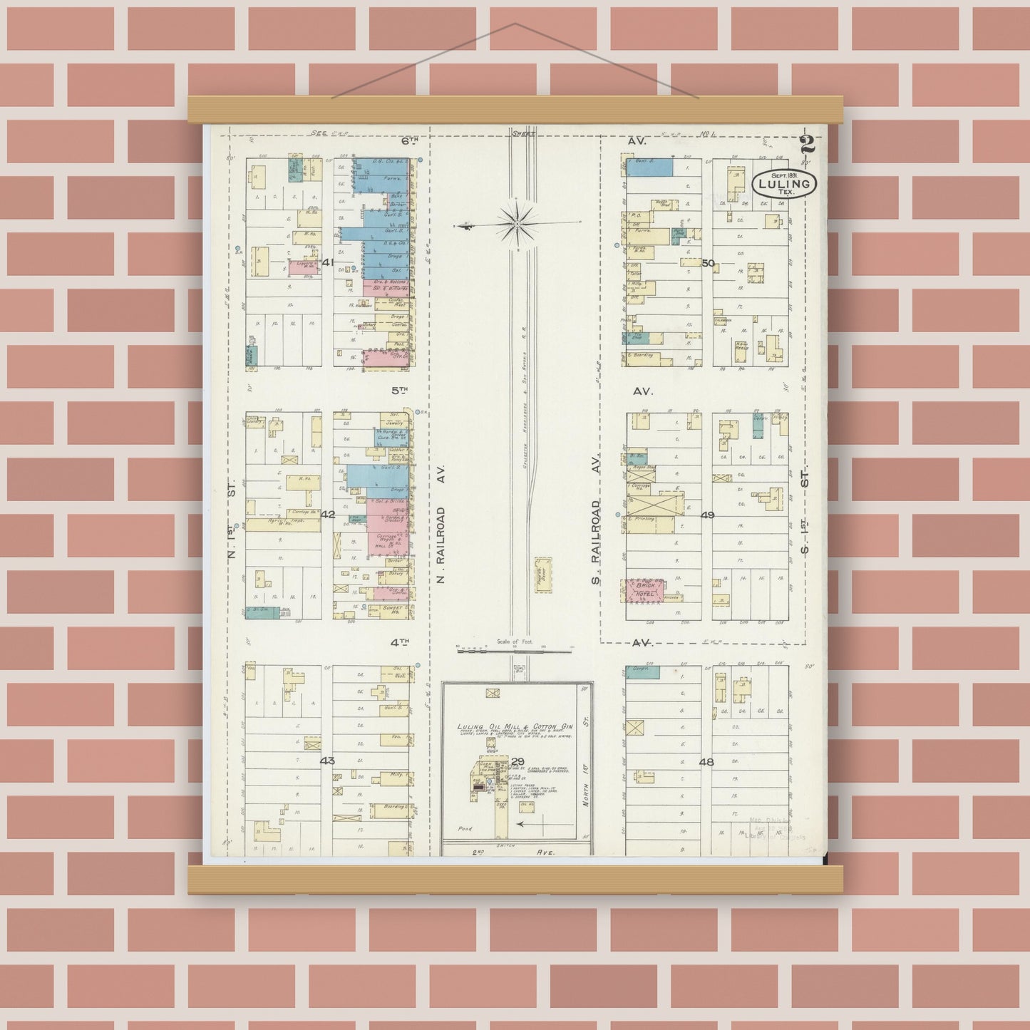 Old map wall art mockup — magnetic wood frame on brick wall — Sanborn Fire Insurance Map from Luling, Caldwell County, Texas (1891), Sheet #0002