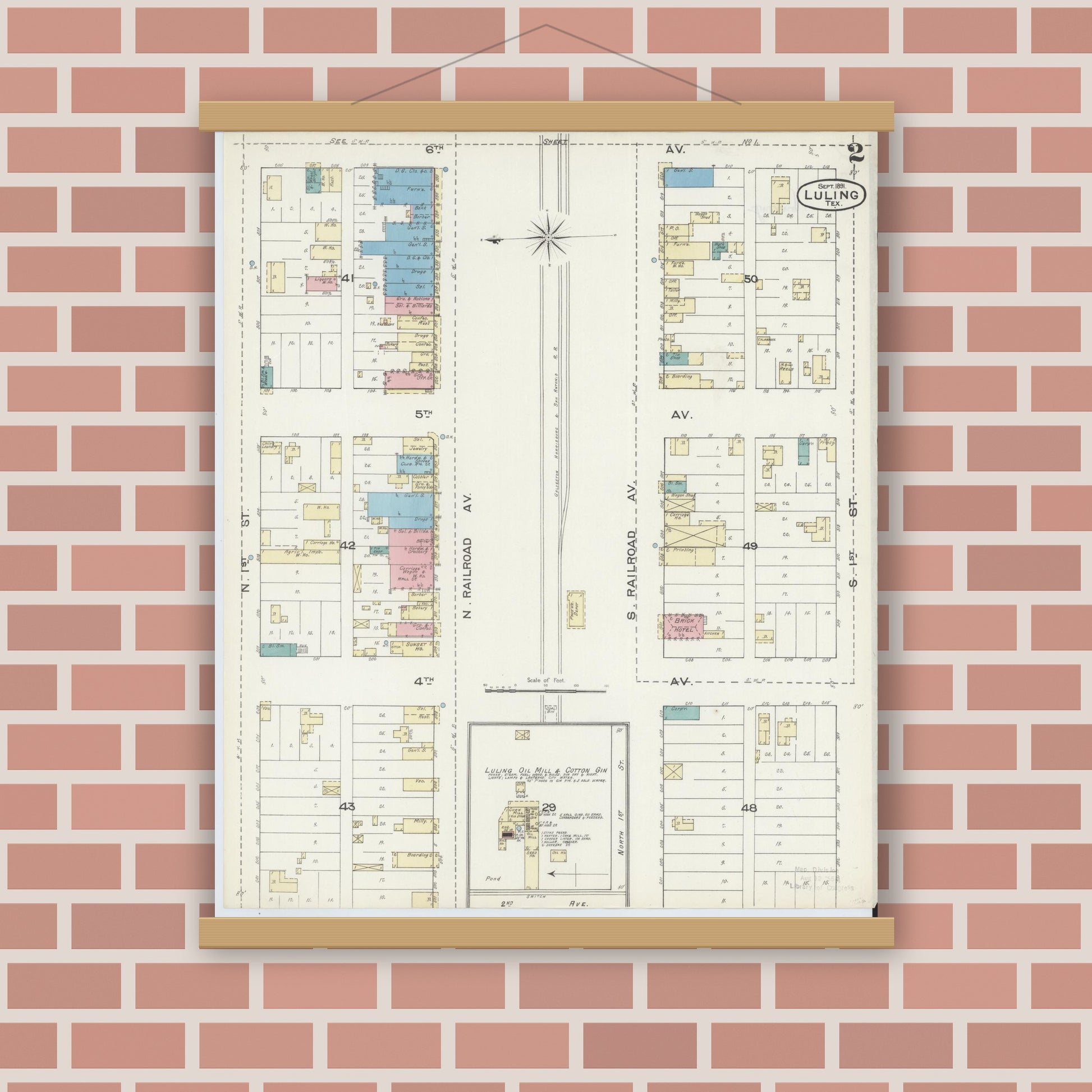 Old map wall art mockup — magnetic wood frame on brick wall — Sanborn Fire Insurance Map from Luling, Caldwell County, Texas (1891), Sheet #0002