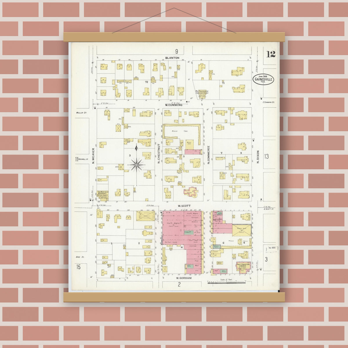 Old map wall art mockup — magnetic wood frame on brick wall — Sanborn Fire Insurance Map from Gainesville, Cooke County, Texas (1908), Sheet #0012
