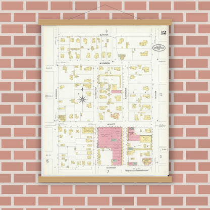 Old map wall art mockup — magnetic wood frame on brick wall — Sanborn Fire Insurance Map from Gainesville, Cooke County, Texas (1908), Sheet #0012