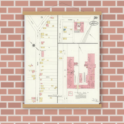 Old map wall art mockup — magnetic wood frame on brick wall — Sanborn Fire Insurance Map from Chambersburg, Franklin County, Pennsylvania (1910), Sheet #0030