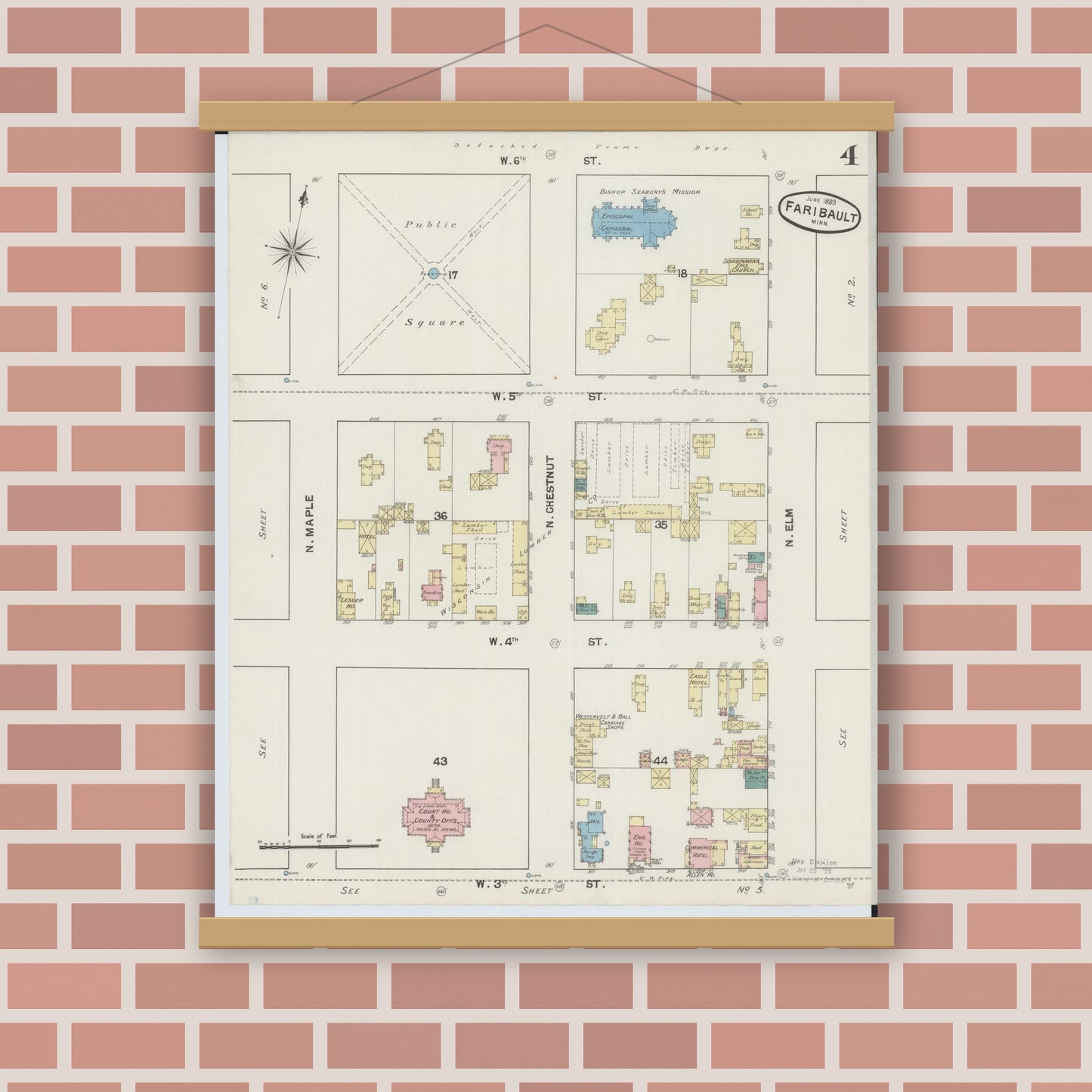 Old map wall art mockup — magnetic wood frame on brick wall — Sanborn Fire Insurance Map from Faribault, Rice County, Minnesota (1889), Sheet #0004